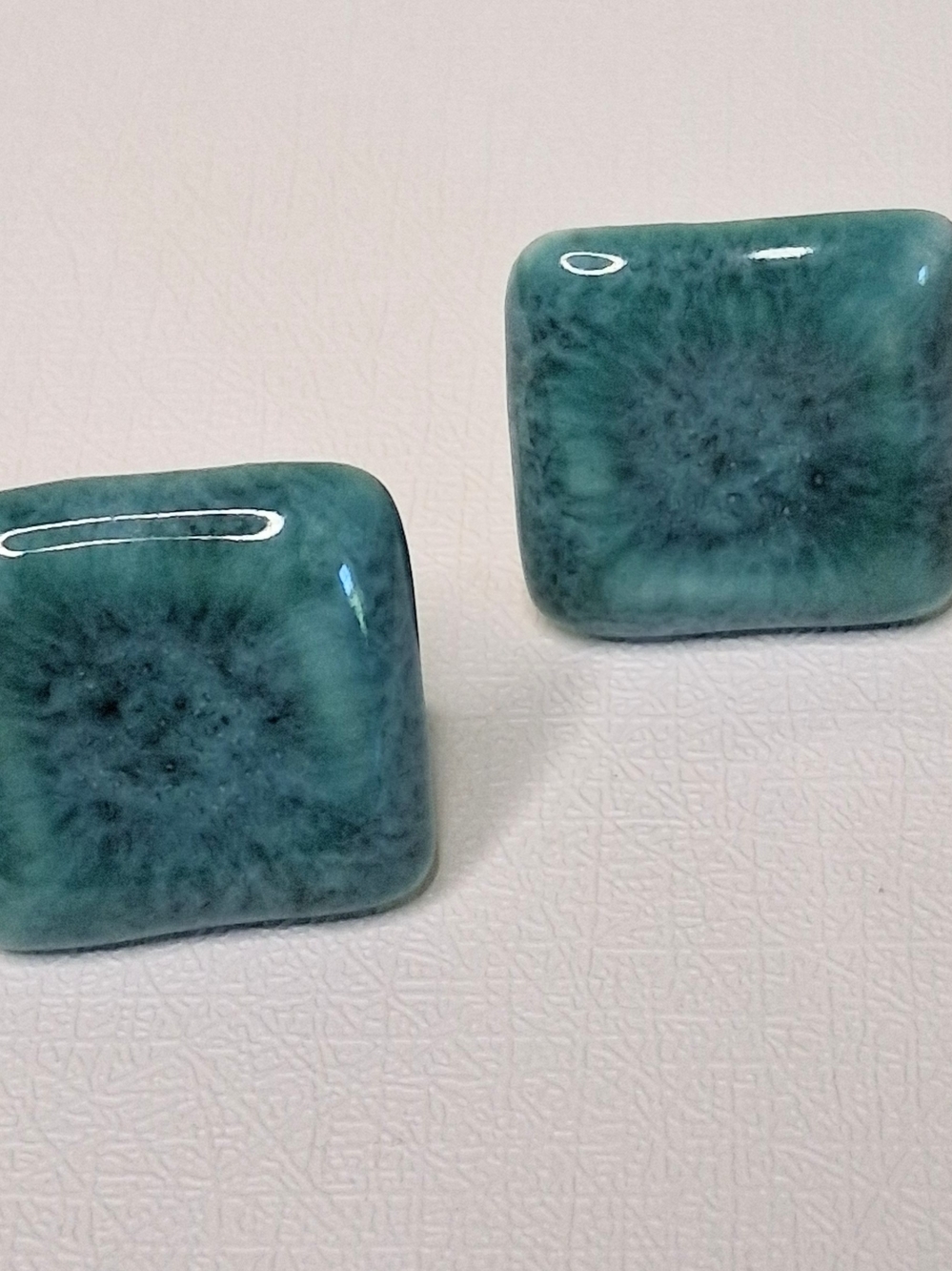 Ceramic Teal Square Accent Screw On Earrings Gloss Glazed Decorative